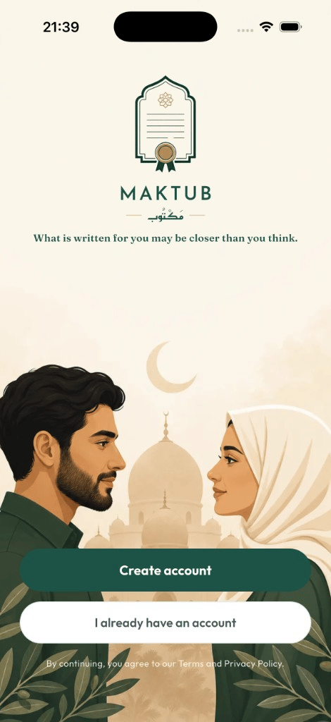 Maktub welcome screen — create account or sign in