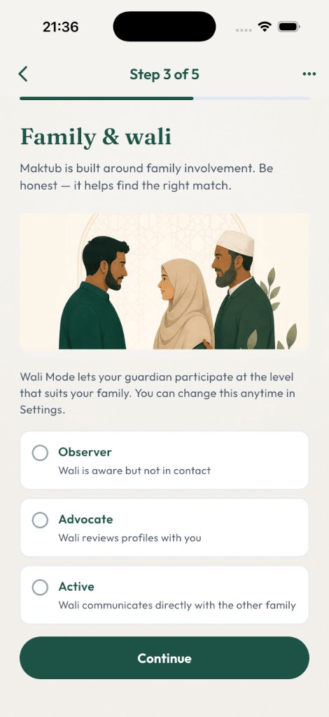 Maktub Family & wali mode — guardian participation settings